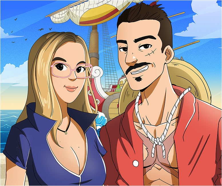 Portrait de couple dessiné en One Piece