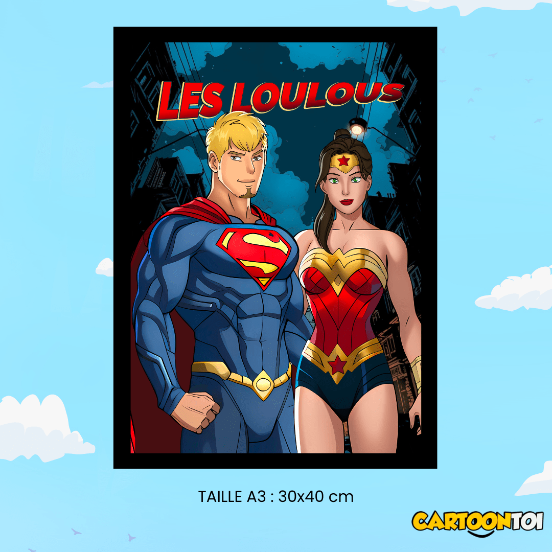 portrait de couple personnalisé en personnage Superman